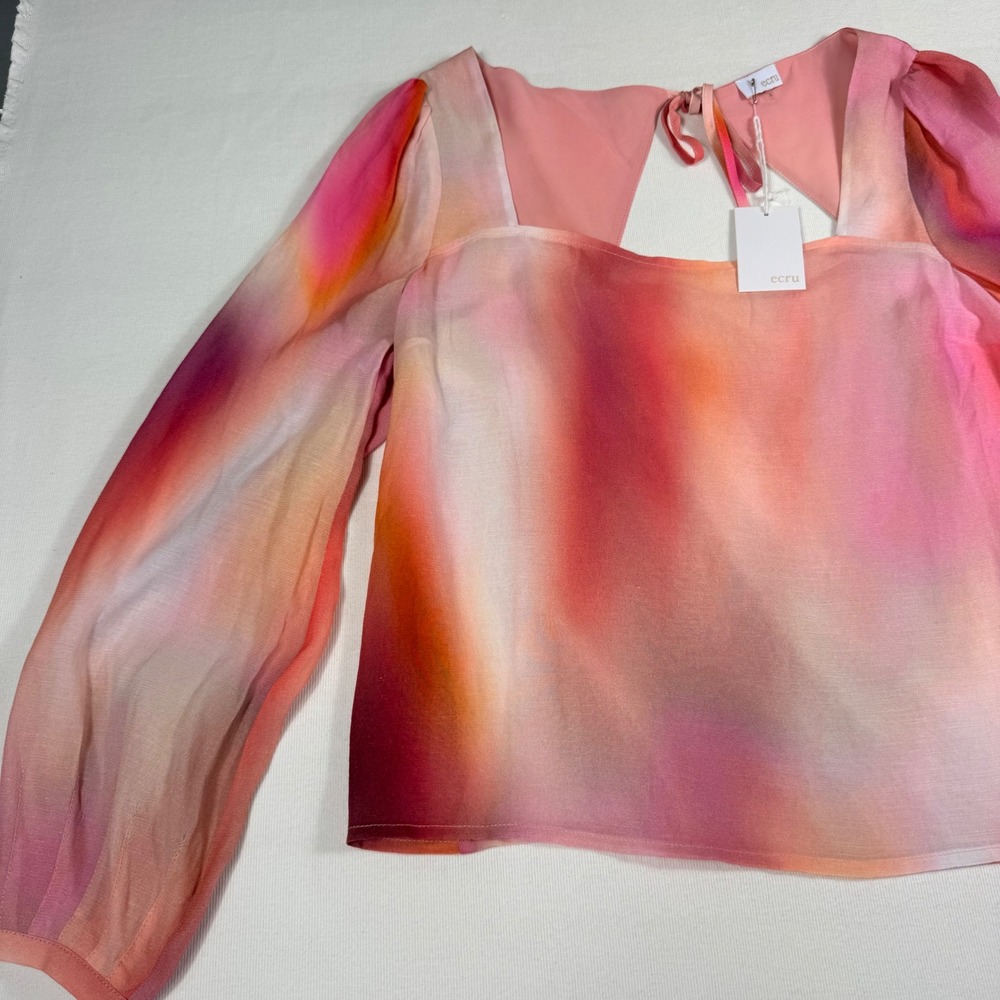Ecru Fleurot Blouse S Pink Wash Watercolor Abstract Pintuck Sleeve Tie Back NEW